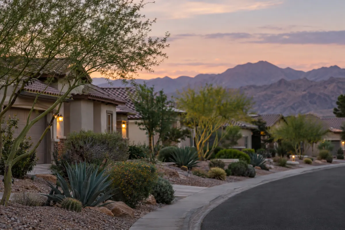 A residential street in the Las Vegas area at dusk, with desert landscaping and mountains in the distance.
