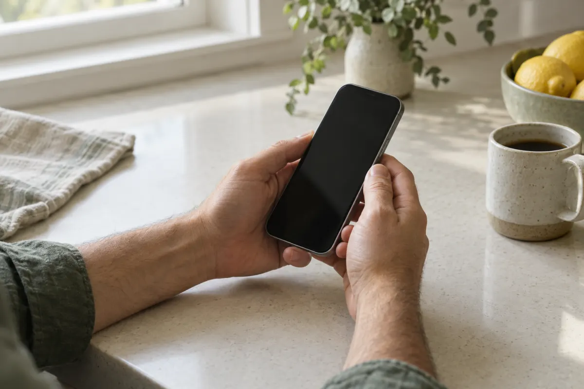 Hands holding a phone over a kitchen counter next to a cup of coffee.