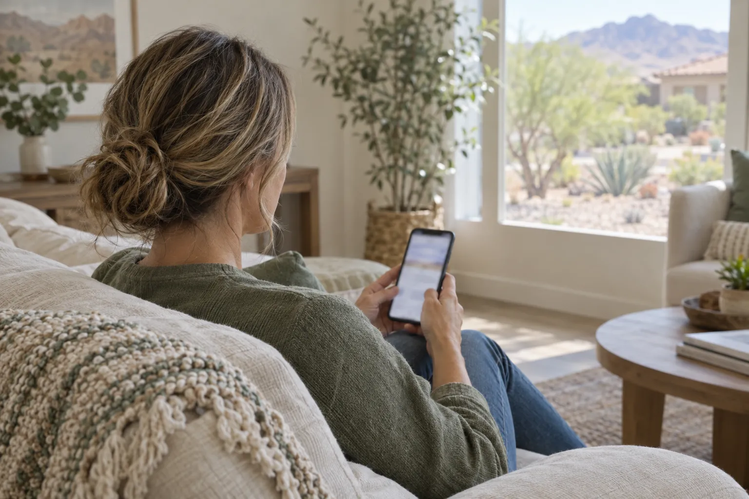 A woman on a living room couch looks at her phone, with desert landscaping and mountains outside the window.